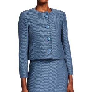 St. John Collection Wool Raised Herringbone Knit Jacket Blue Blazer Tailored Fit
